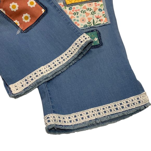 Slink Patched Boho Cropped Jeans Flower Pink Yellow Green Bee Charm Waist 56 - Picture 8 of 13